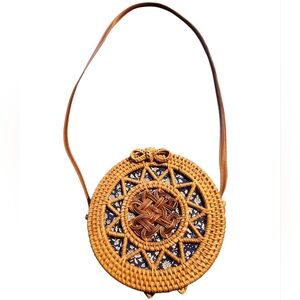Brown Woven Rattan Crossbody Bag